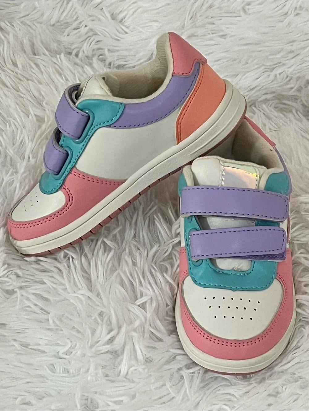 Children's Place white sneakers, pink and purple details, holographic star